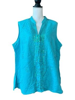 NWT ANNE CARSON Sequins Sleeveless 100% Silk Career Casual Top SZ 2X Turquoise